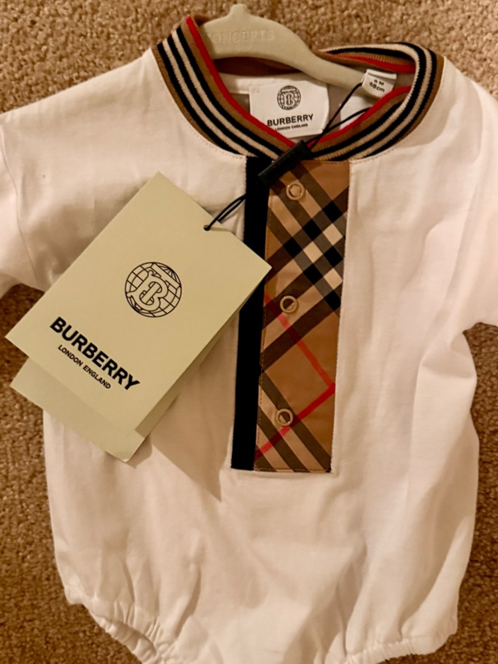 Burberry White Baby One-Piece with Beige Check Placket includes bib - Picture 6 of 6